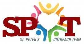Logo of St. Peter's Outreach Team with colorful abstract figures around a central white heart.