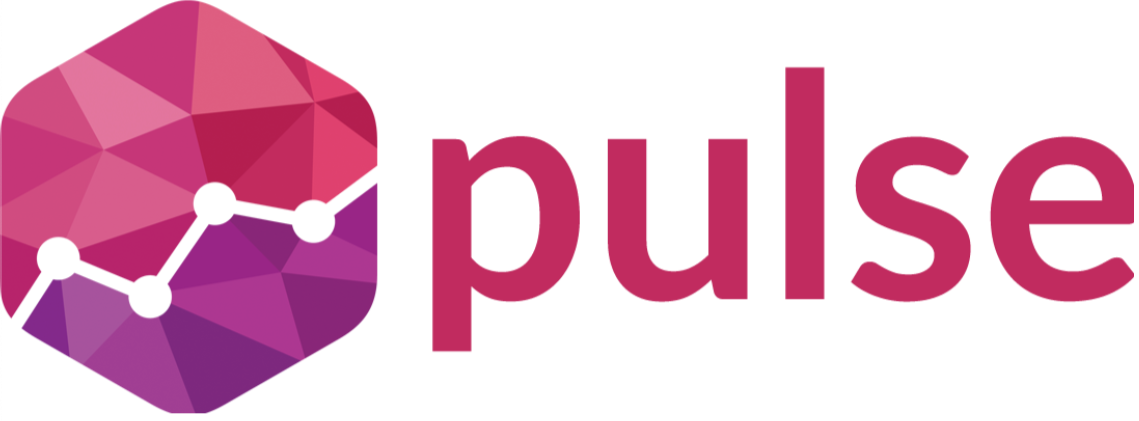 Stylized logo with a hexagonal shape featuring a gradient pink to purple geometric pattern and a white line graph, accompanied by the word 'pulse' in bold pink letters.