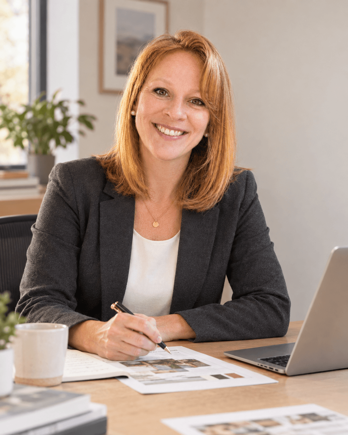 Kara Lineal reviewing marketing work at her desk.