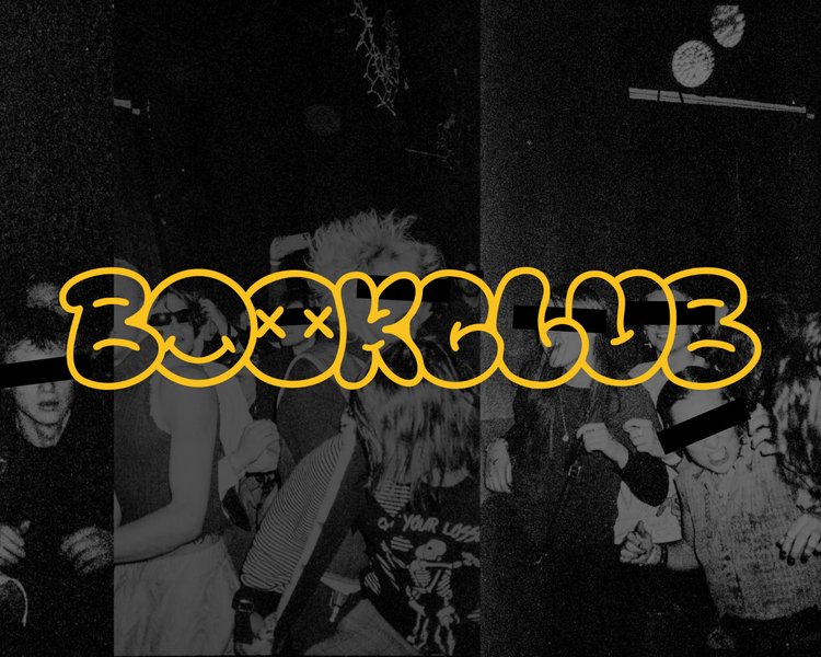 yellow Bookclub logo over black and white faded image of a concert