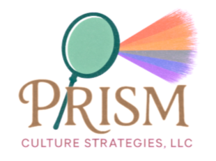 A logo for PRISM Culture Strategies, LLC featuring a magnifying glass projecting rainbow-colored beams of light.