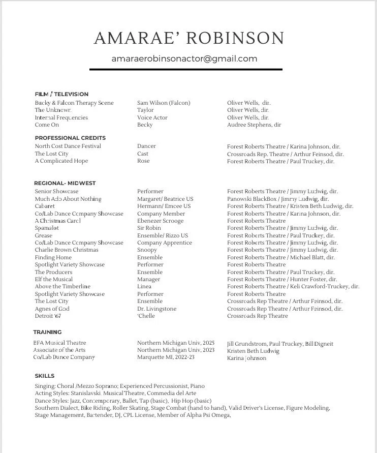 A resume belonging to Amarae Robinson, featuring sections for film and television roles, professional credits, regional Midwest performances, training, and skills, along with contact information at the top.