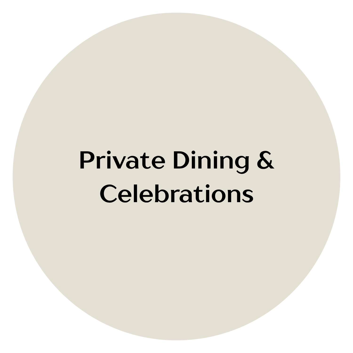 A circular sign with a light gray background and black text reading 'Private Dining & Celebrations'.