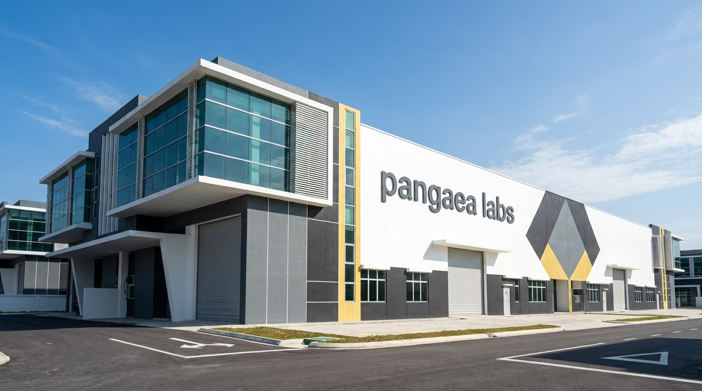 Modern commercial building with large windows and a geometric logo, labeled 'Pangaea Labs' on the side, under a blue sky.