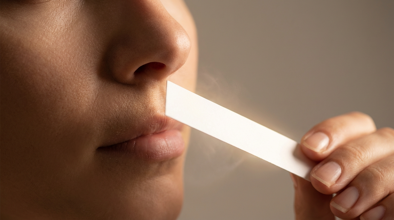 A person sniffing a long, white, rectangular object, possibly a tape or strip, held near their nose.