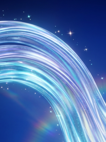 Bright, glowing rainbow arc with star-like sparkles against a dark blue sky.