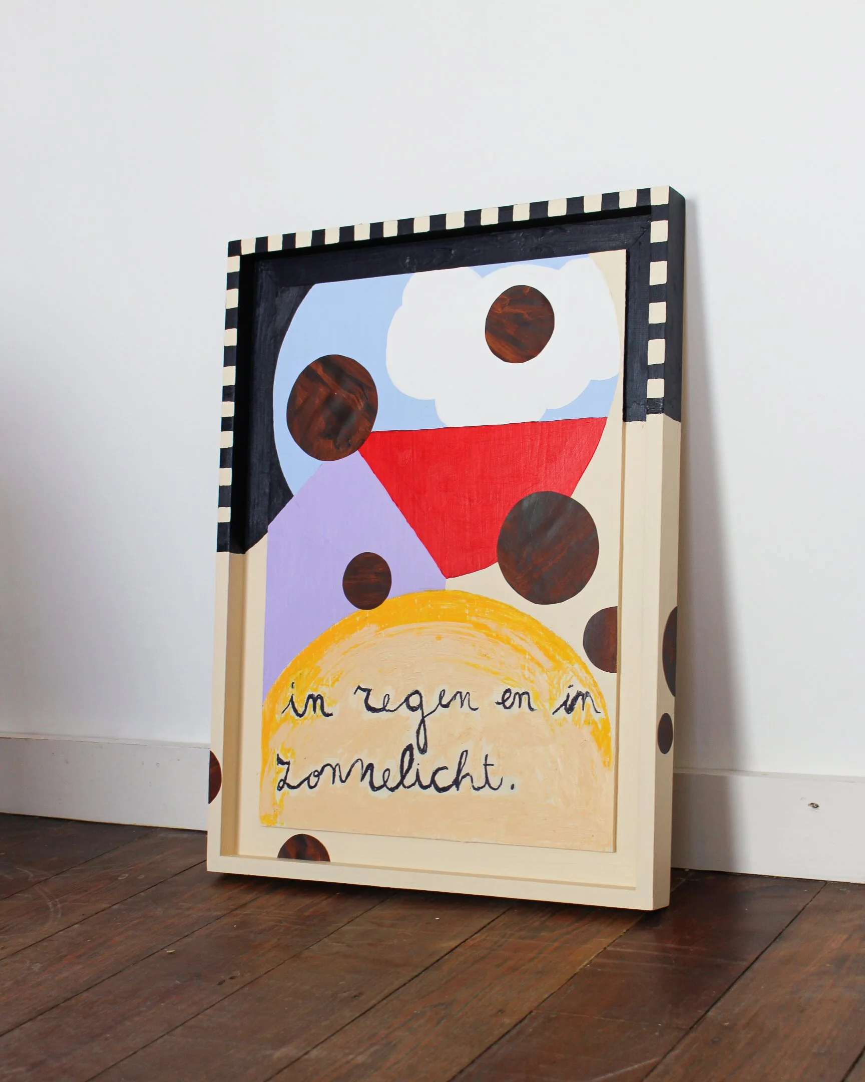 in regen en in zonnelicht, 2025 / acryl, collage en vetkrijt op multiplex / (verkocht)