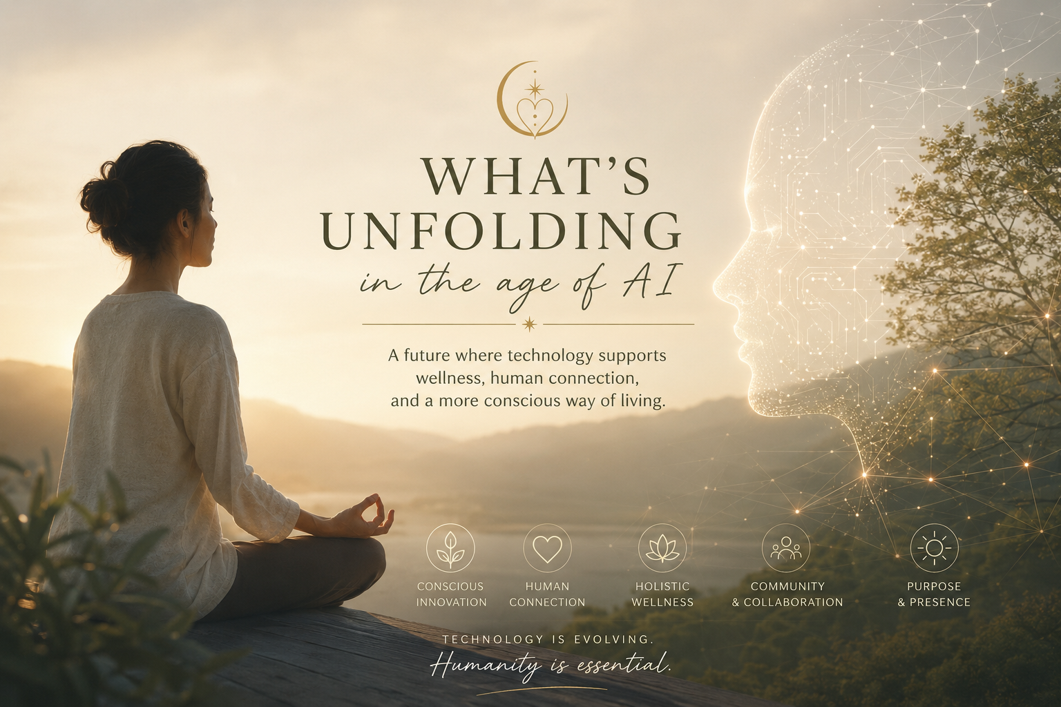 Woman meditating beside a digital human profile representing AI and human connection