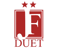 Logo with two red stars above, featuring a stylized letter 'J' and 'F' inside a red square, and the word 'DUET' below in red.