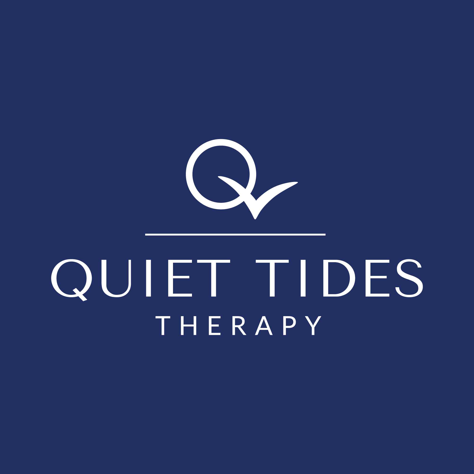 Logo for Quiet Tides Therapy with a stylized wave and calm blue background.