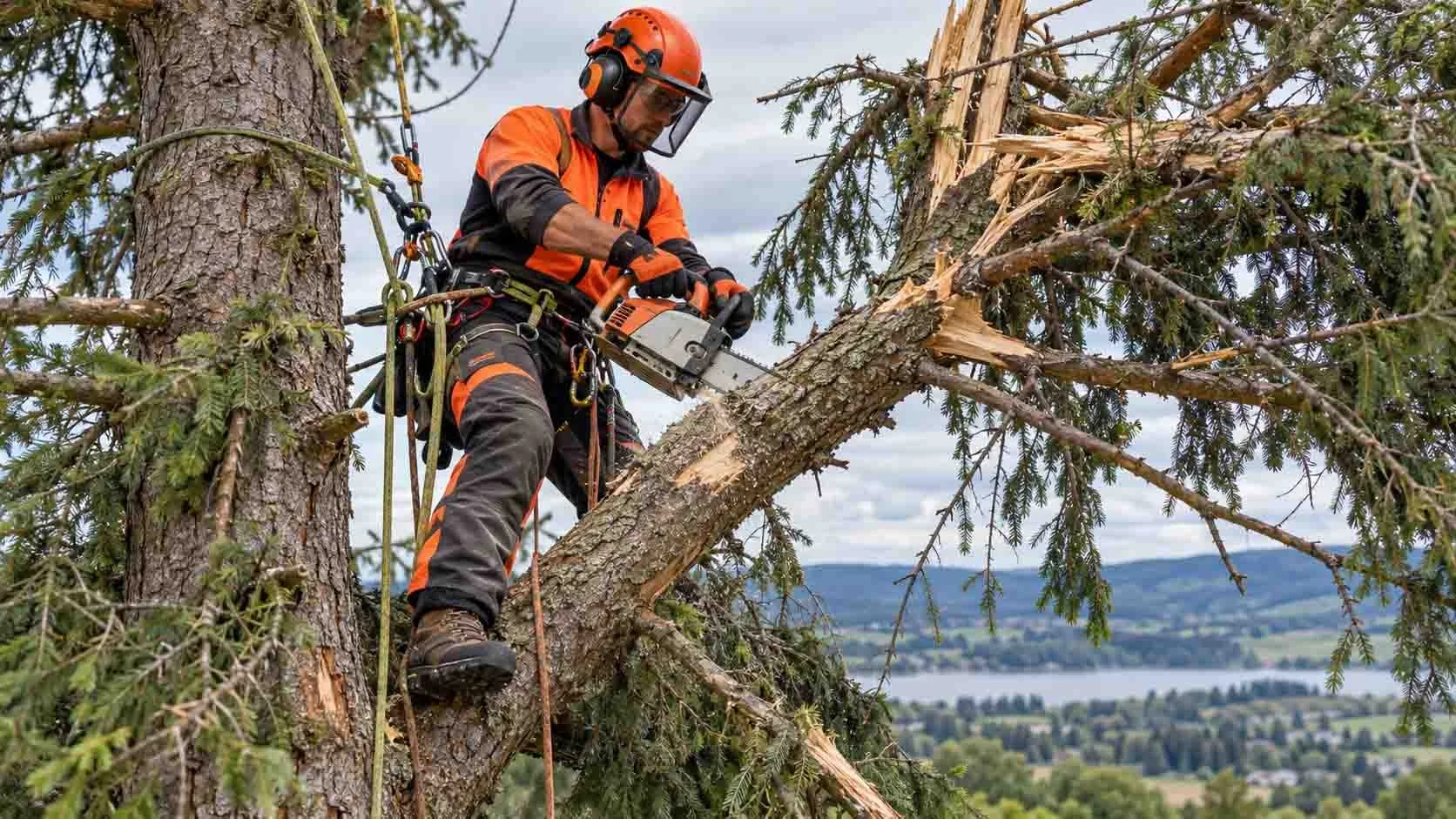 Tree worker wearing safety gear, including a yellow helmet and protective glasses, cutting a large branch from a tall tree with a chainsaw, with a blue sky background.