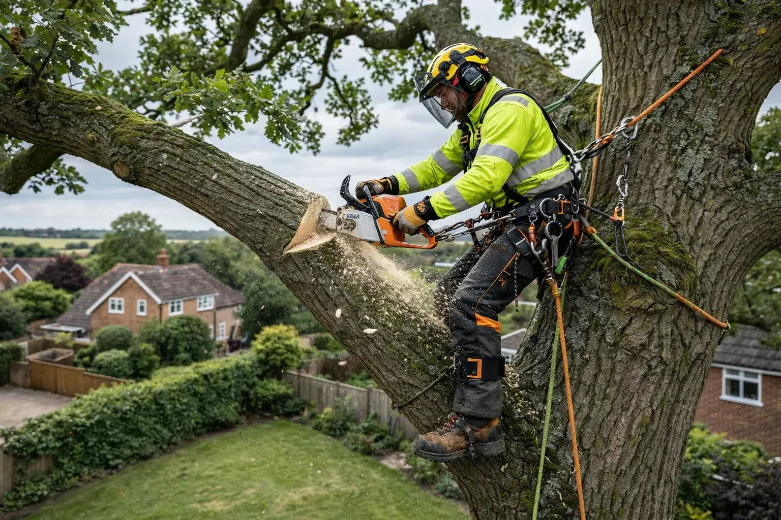 Tree worker wearing safety gear, including a yellow helmet and protective glasses, cutting a large branch from a tall tree with a chainsaw, with a blue sky background.