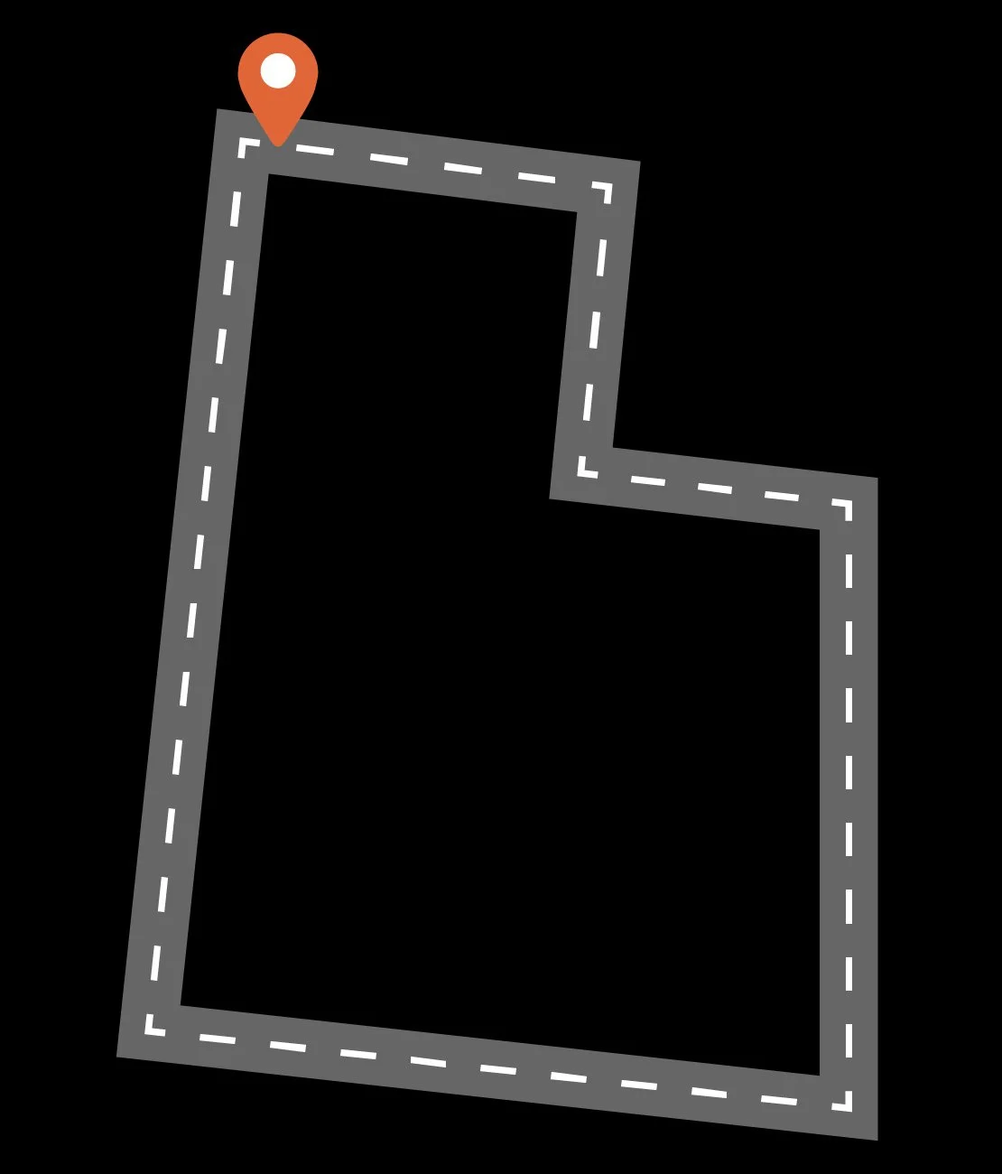 Illustration of a winding gray road with dashed white lines, ending at an orange map marker on a black background.