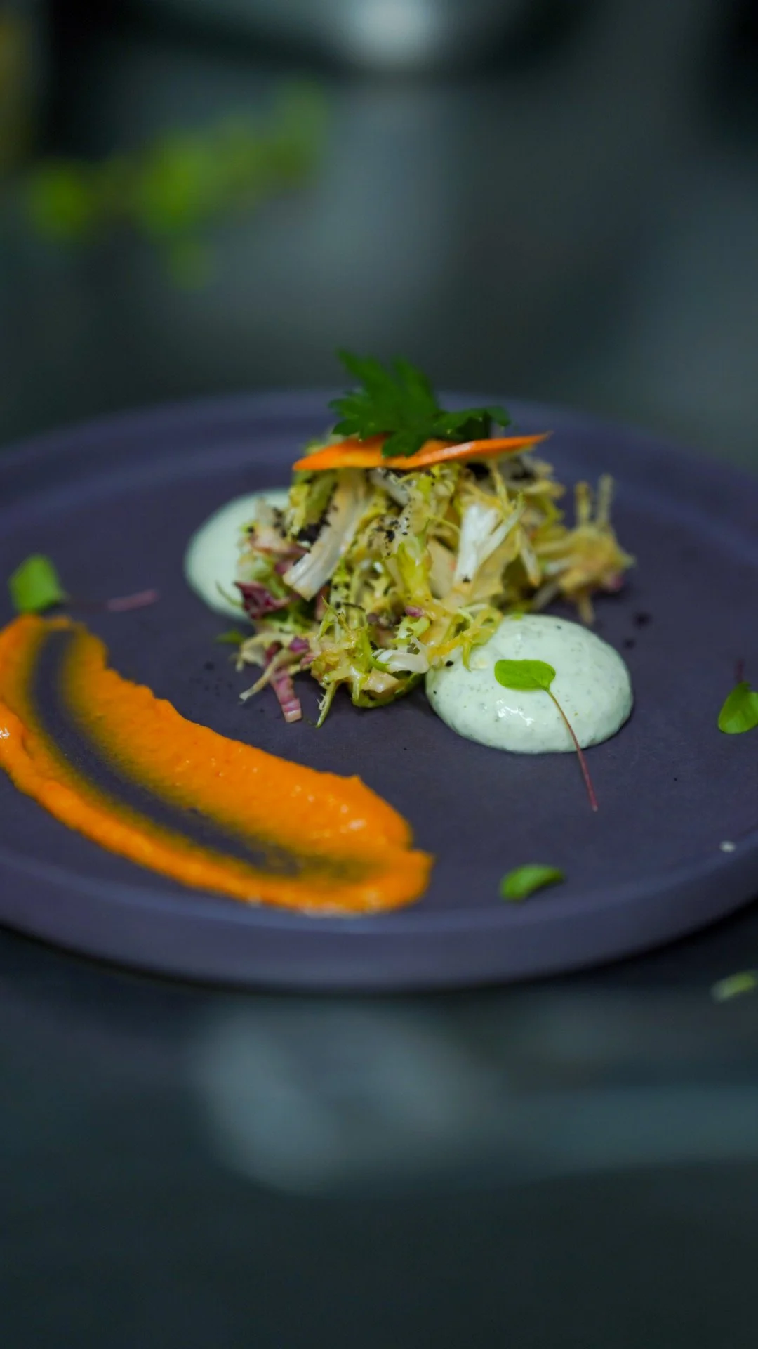 Ein Teller mit einer kleinen Portion Salat, dekorativ garniert mit Kräutern und einer cremigen weißen Soße, serviert auf einem dunkelblauen Teller. Es gibt eine orangene Soßenspur neben dem Salat.