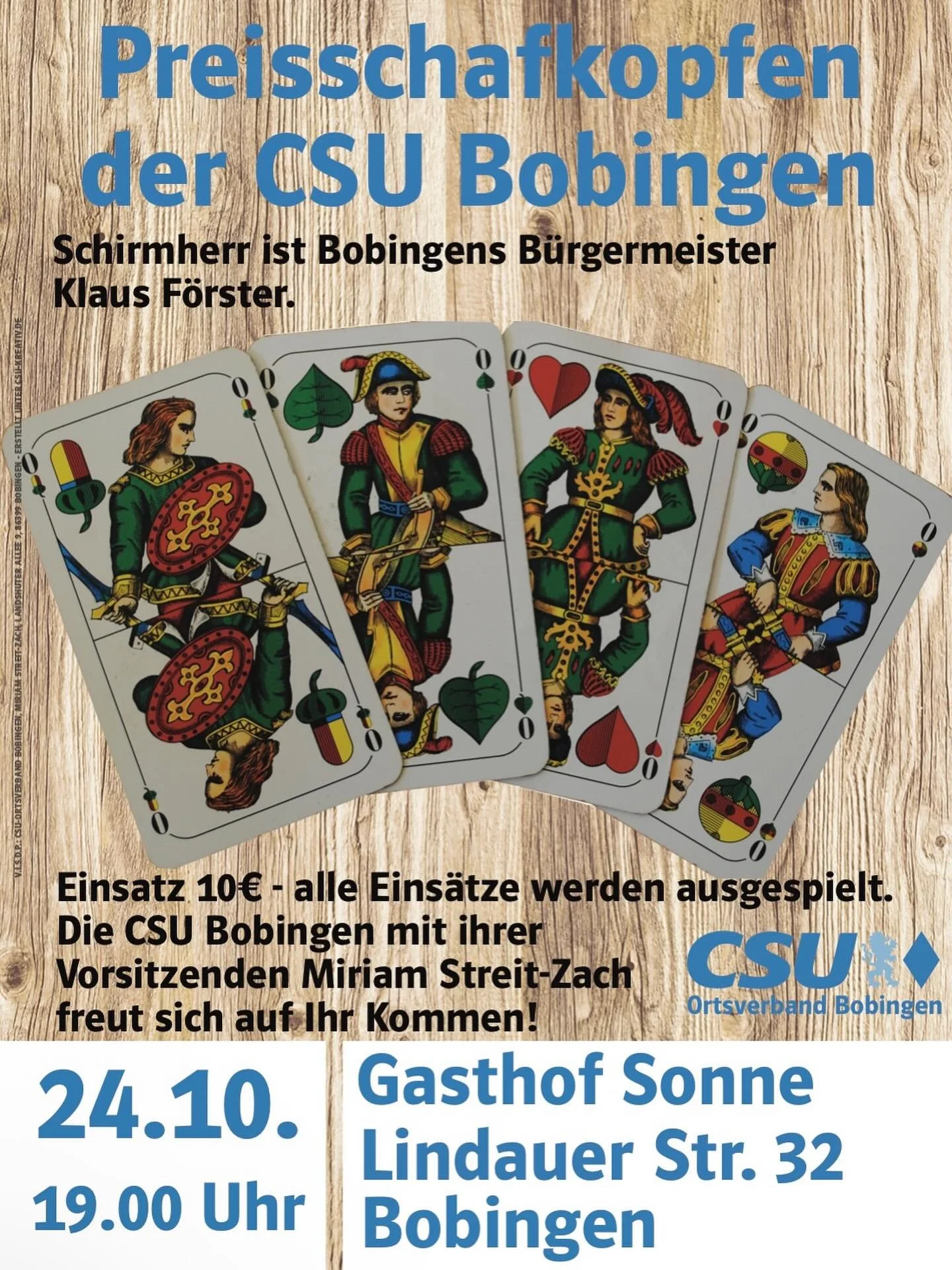 Herzliche Einladung zu unserem Preisschafkopfen am 24.10.2025 ab 19:00 Uhr im Gasthof Sonne Bobingen.