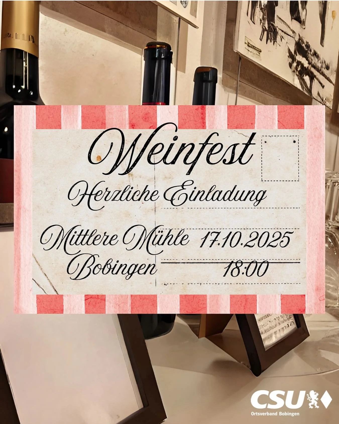 Herzliche Einladung zum Weinfest 🍷 Bei gutem Wein, oder nicht alkoholischen Getr&auml;nken, und kleinen H&auml;ppchen freuen wir uns auf gute Gespr&auml;che mit Ihnen. Wo: Mittlere M&uuml;hle Bobingen, Wann: 17.10.2025 ab 18:00.