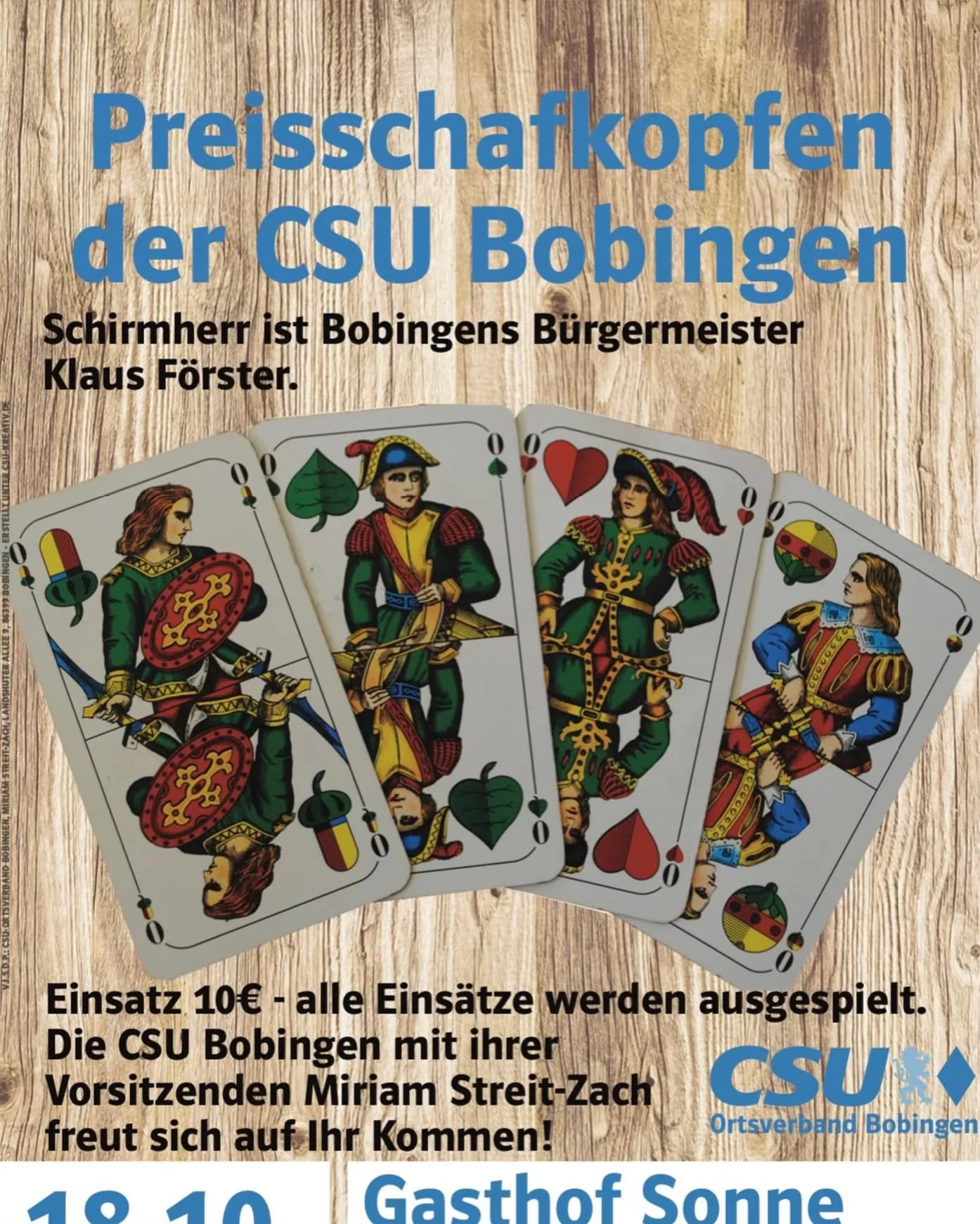 Herzliche Einladung zum Preisschafkopfen der CSU Bobingen am 18.10.2024 um 19:00 im Gasthof Sonne (Lindauer Stra&szlig;e 32, 86399 Bobingen) #schafkopfen #csubobingen