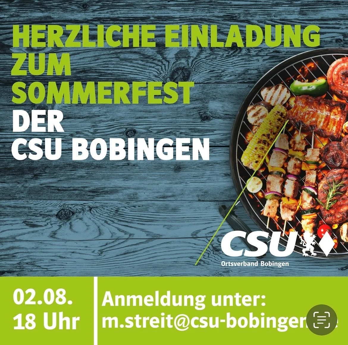 Update: Aufgrund der Wetterprognosen mussten wir das Sommerfest leider absagen.
Herzliche Einladung zum Sommerfest der CSU Bobingen