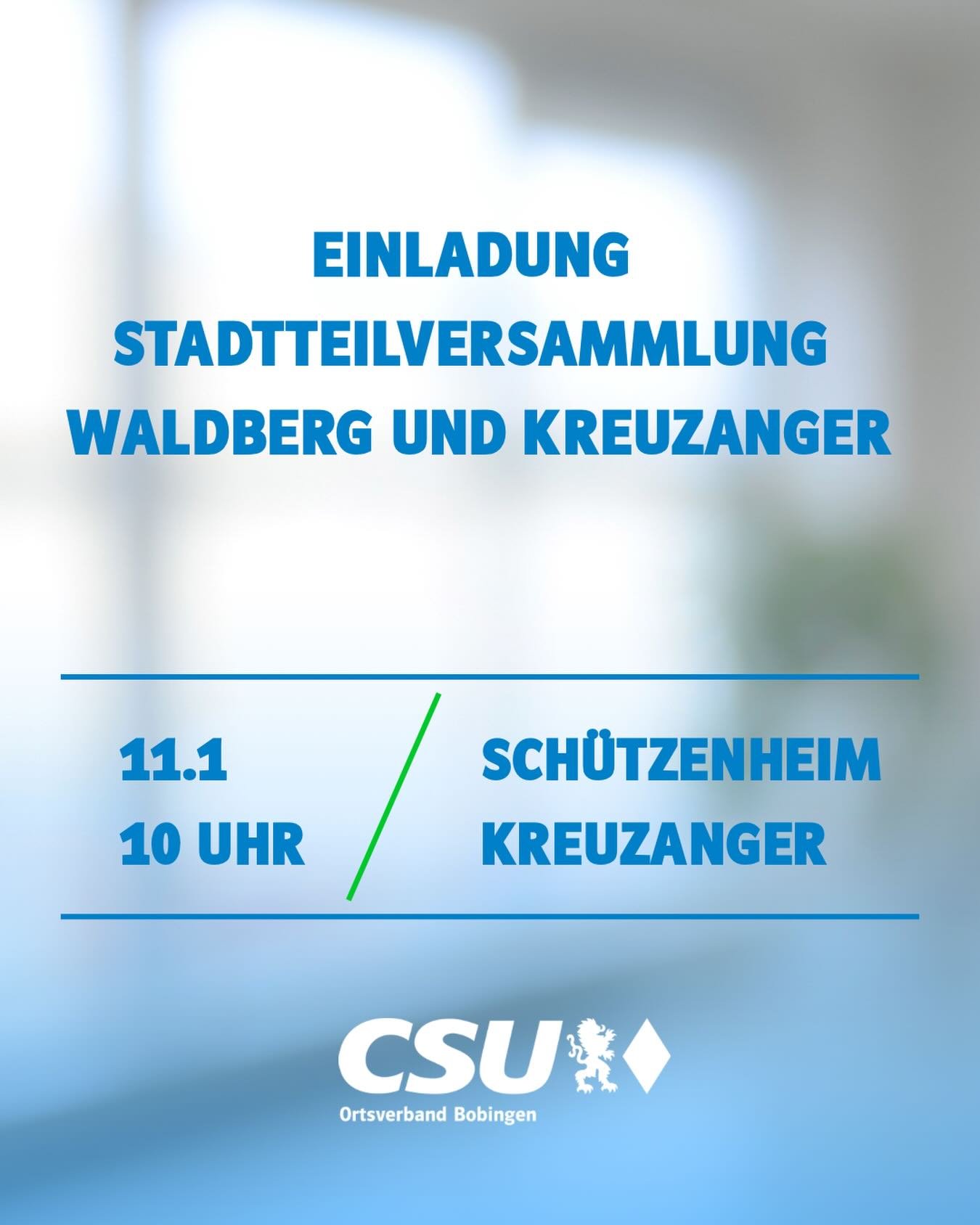 CSU vor Ort in Waldberg/Kreuzanger
Am Sonntag, 11. Januar um 10 Uhr laden wir Sie zur Stadtteilversammlung ins Sch&uuml;tzenheim Kreuzanger ein. Neben Informationen zu aktuellen kommunalpolitische Themen wird auch die CSU-Stadtratsliste vorgestellt. 