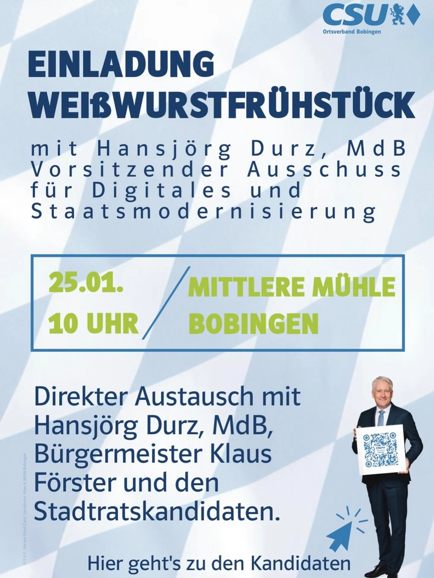 Kommen wir ins Gespr&auml;ch!
Mit unserem Bundestagsabgeordneten Hansj&ouml;rg Durz, unserem B&uuml;rgermeister Klaus F&ouml;rster und den Stadtratskandidatinnen und Kandidaten.