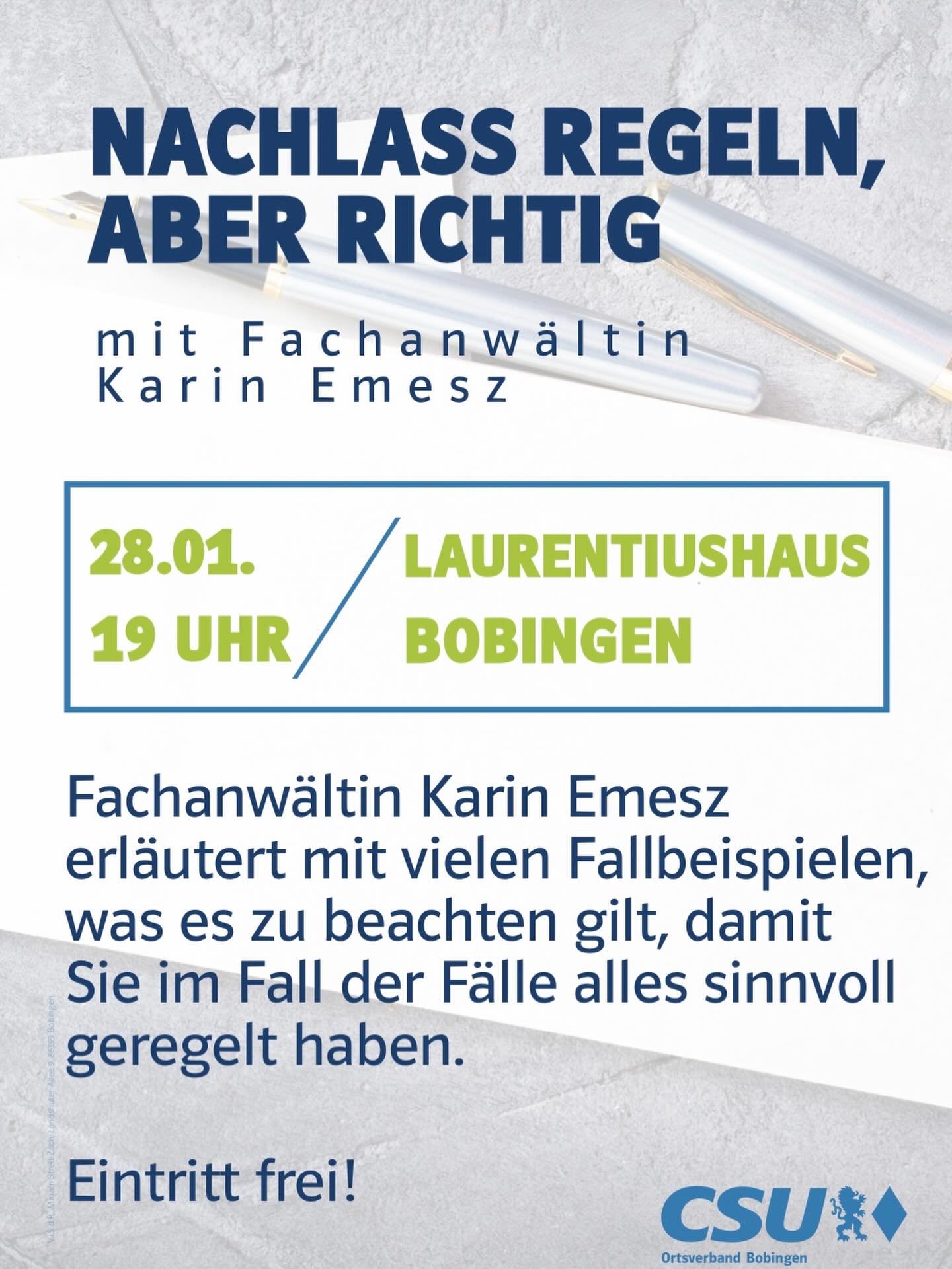 Herzliche Einladung! Bei dieser Veranstaltung geht es darum, wie Sie Ihren Nachlass richtig regeln k&ouml;nnen. Fachanw&auml;ltin Karin Emesz erl&auml;utert mit vielen Fallbeispielen, was es zu beachten gilt, damit Sie im Fall der F&auml;lle alles si