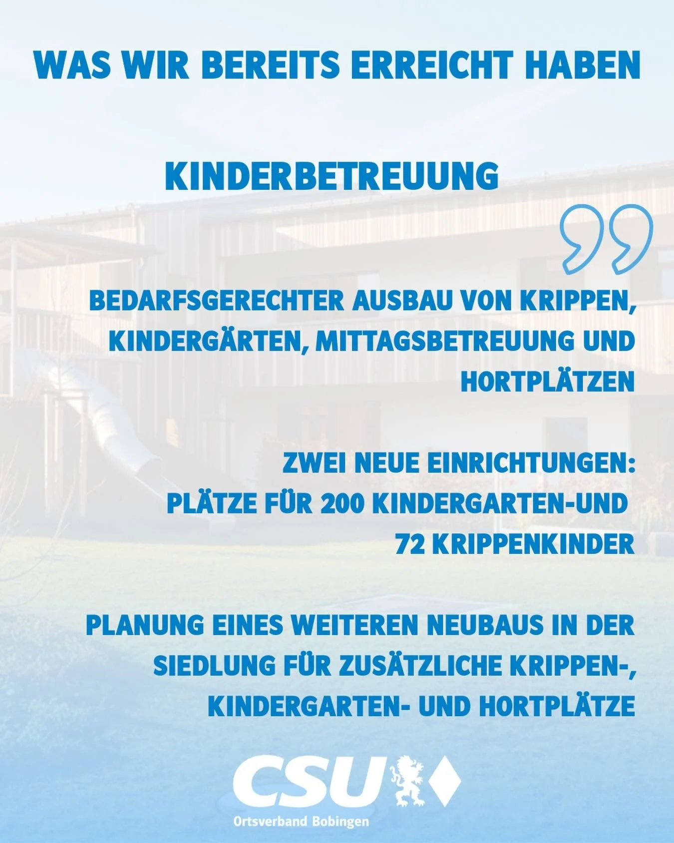 In den letzten Jahren haben wir wichtige Projekte f&uuml;r die Zukunft unserer Stadt umgesetzt und dabei rund 60 Millionen Euro in die Substanz, Sicherheit und Lebensqualit&auml;t von Bobingen investiert. Alle Infos finden Sie unter: https://www.csu-