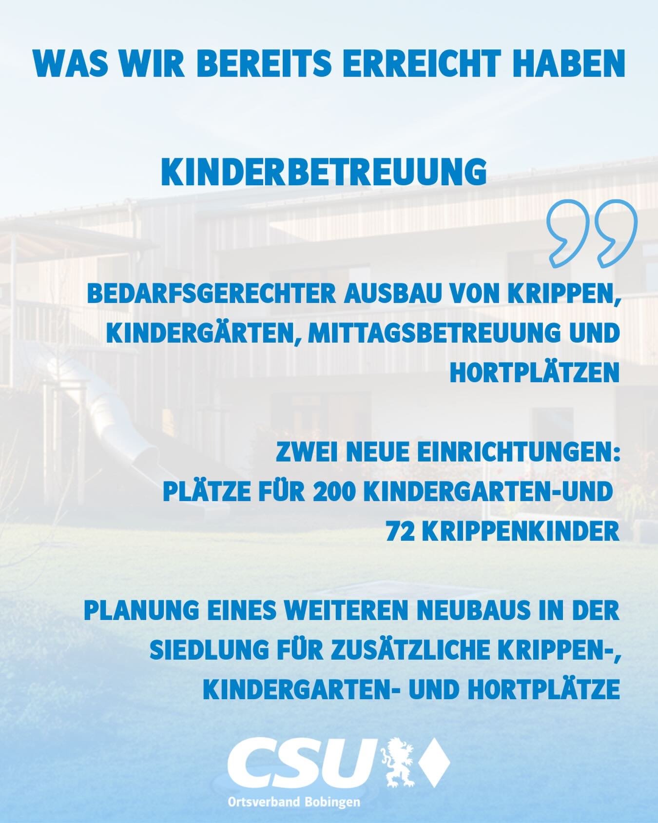 In den letzten Jahren haben wir wichtige Projekte f&uuml;r die Zukunft unserer Stadt umgesetzt und dabei rund 60 Millionen Euro in die Substanz, Sicherheit und Lebensqualit&auml;t von Bobingen investiert. Alle Infos finden Sie unter: https://www.csu-