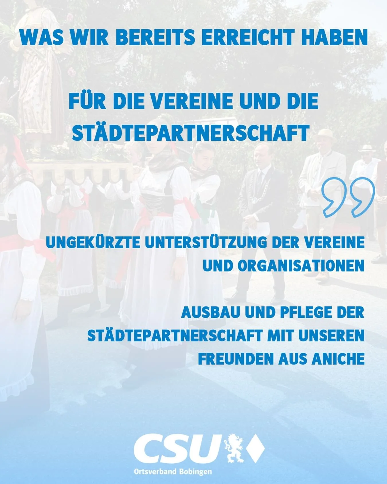 In den letzten Jahren haben wir wichtige Projekte f&uuml;r die Zukunft unserer Stadt umgesetzt und dabei rund 60 Millionen Euro in die Substanz, Sicherheit und Lebensqualit&auml;t von Bobingen investiert. Alle Infos finden Sie unter: https://www.csu-