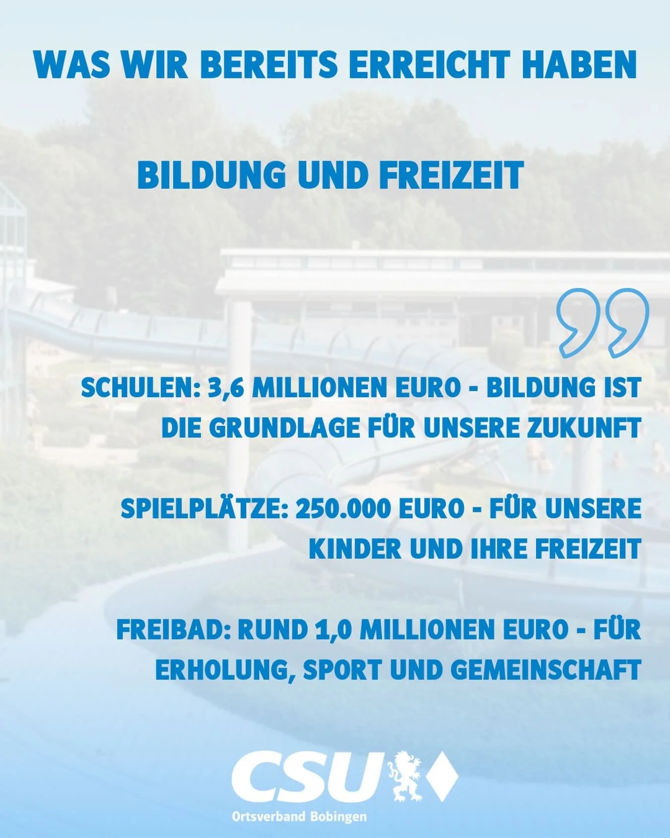 In den letzten Jahren haben wir wichtige Projekte f&uuml;r die Zukunft unserer Stadt umgesetzt und dabei rund 60 Millionen Euro in die Substanz, Sicherheit und Lebensqualit&auml;t von Bobingen investiert. Alle Infos finden Sie unter: https://www.csu-