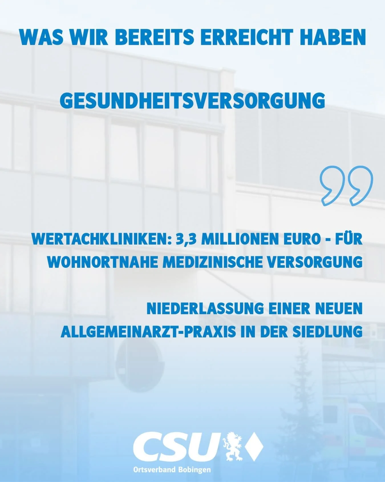 In den letzten Jahren haben wir wichtige Projekte f&uuml;r die Zukunft unserer Stadt umgesetzt und dabei rund 60 Millionen Euro in die Substanz, Sicherheit und Lebensqualit&auml;t von Bobingen investiert. Alle Infos finden Sie unter: https://www.csu-