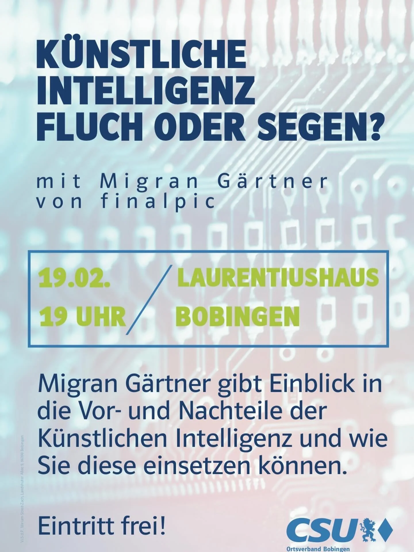 Ein interessanter Vortrag erwartet Sie. Eintritt frei. #ki #csubobingen #intelligenz