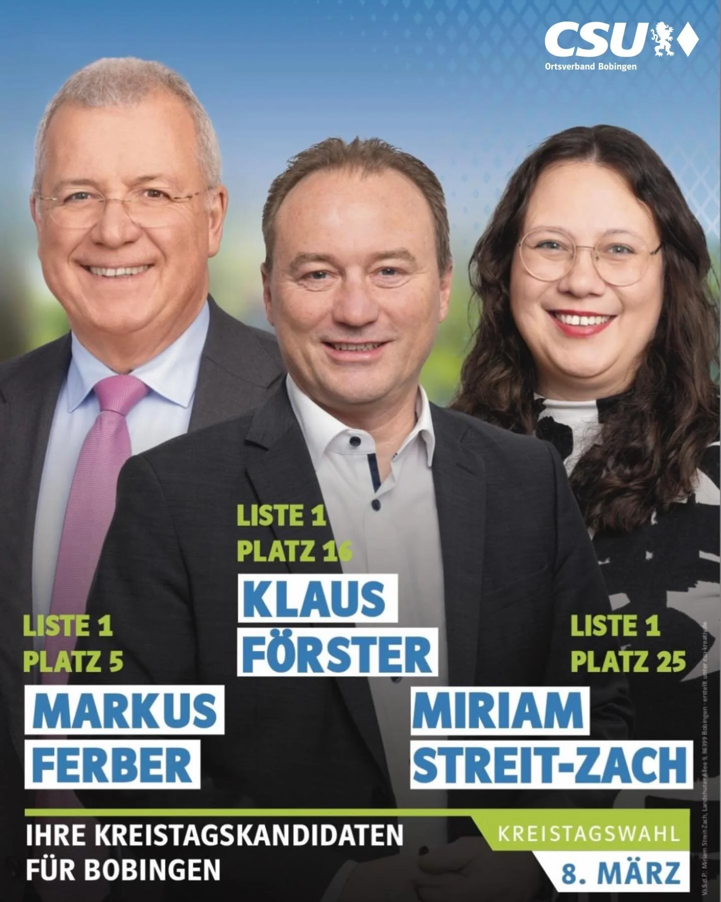 Unterst&uuml;tzen Sie Ihre Kreistagskandidaten der CSU f&uuml;r Bobingen mit jeweils 3 Stimmen. Und Ihre Stimme f&uuml;r Martin Sailer als unseren Landrat.