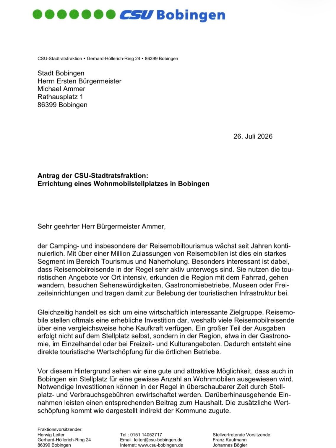 Unser Antrag zur Errichtung eines Wohnmobilstellplatzes in Bobingen
