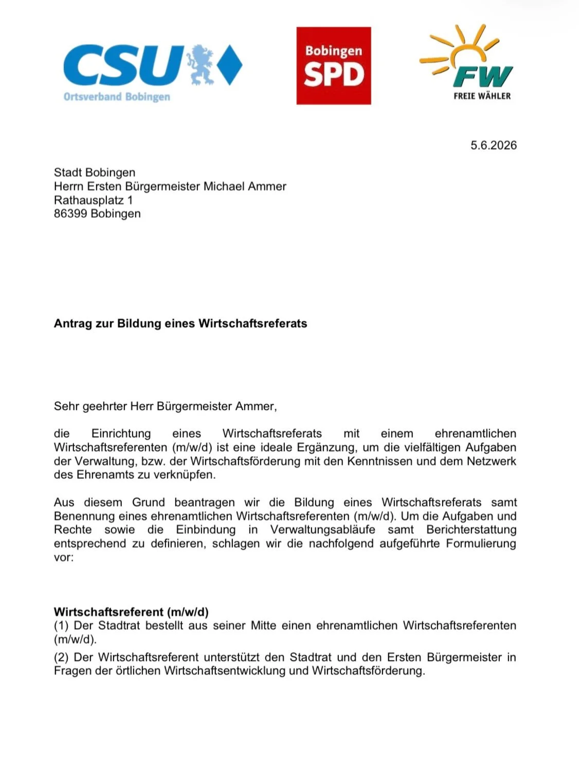 Unser gemeinsamer Antrag zur Bildung eines Wirtschaftsreferats zum nachlesen.