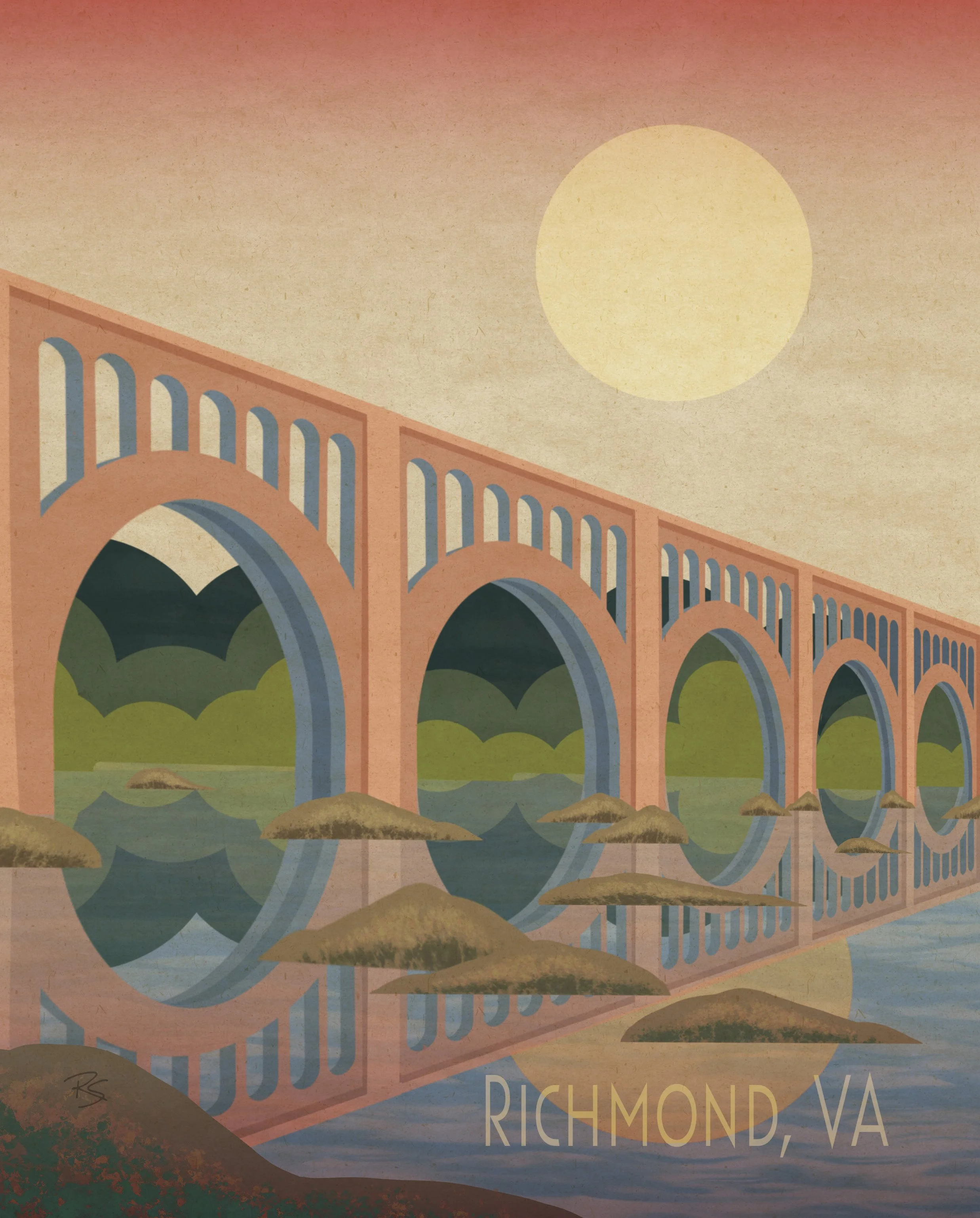 Illustration of a bridge over water with a large setting sun in the sky and the text "RICHMOND, VA" at the bottom.