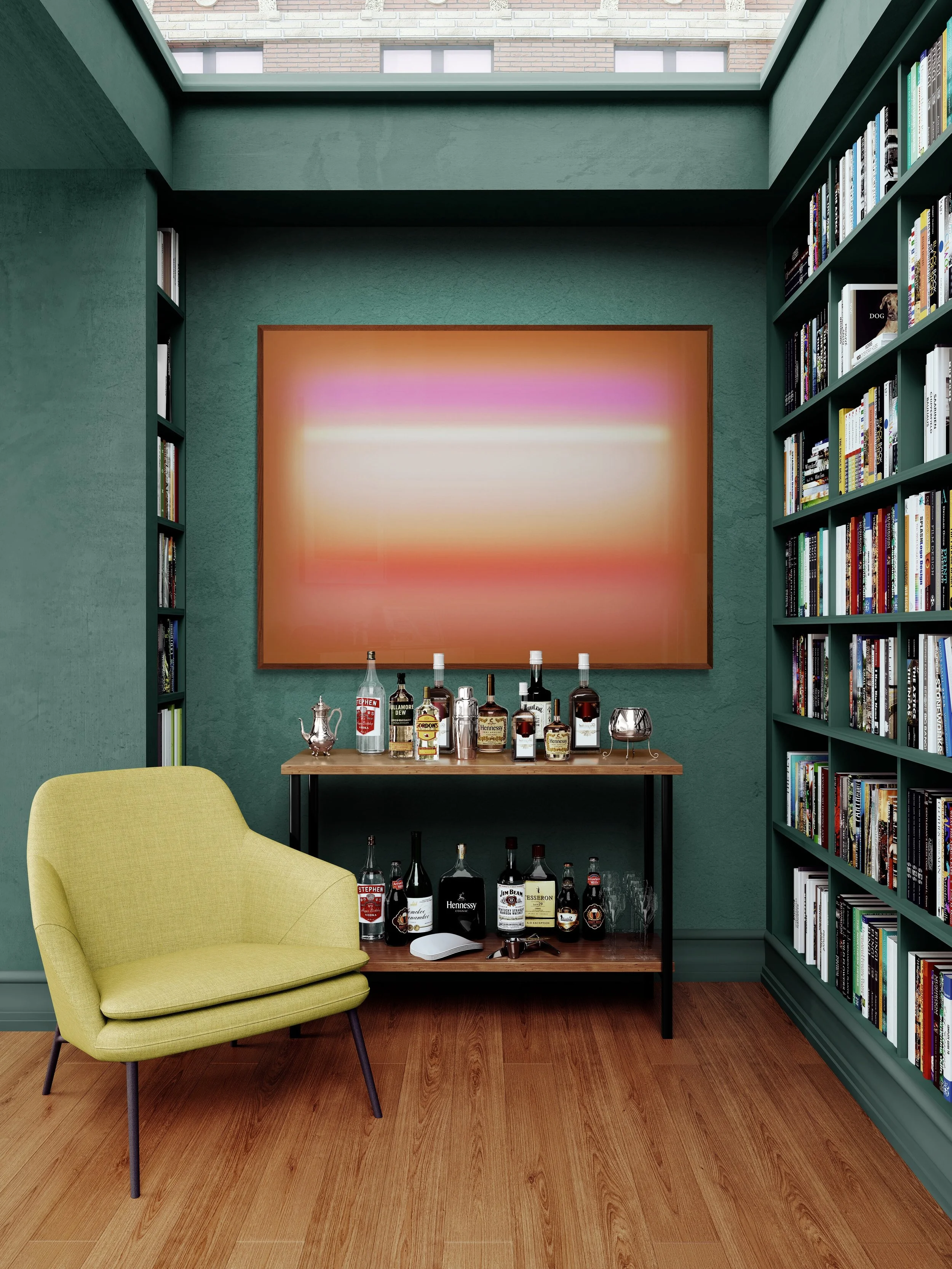 A room with green walls and wooden flooring, featuring a yellow armchair, a bookshelf filled with books on the right, a bar cart with various bottles on top and below, an abstract pink and orange blur artwork on the wall, and a skylight window