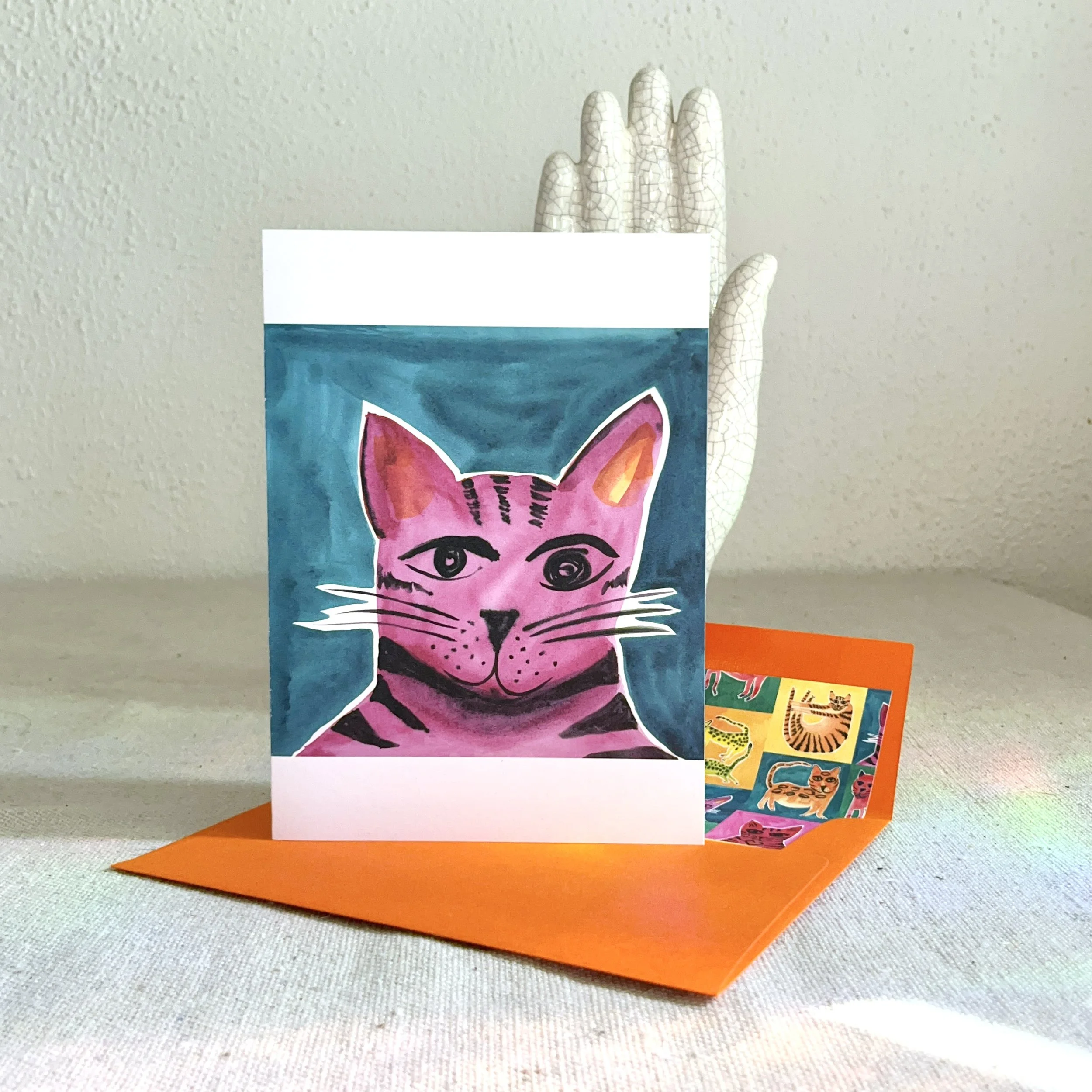 A6 Note Card • Pink & Teal Kitty with Custom Envelope Liner