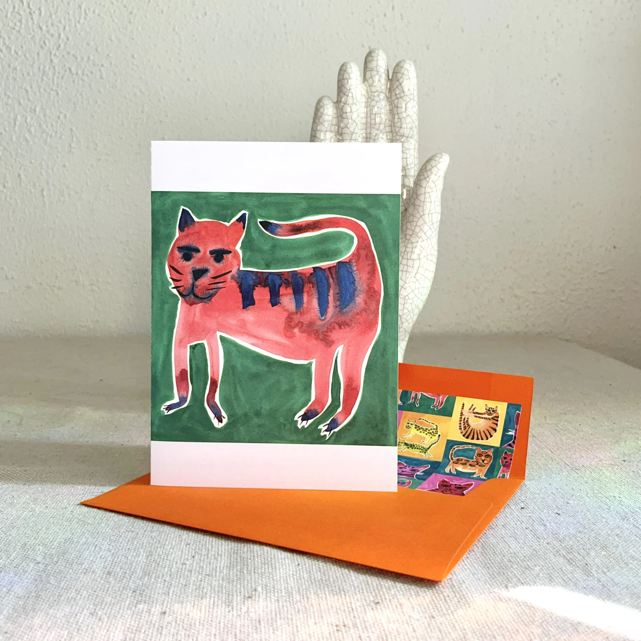 A6 Note Card • Red and Green Cat with Custom Envelope Liner