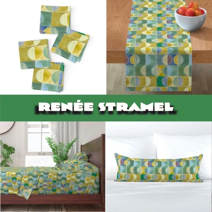 Set of napkins and table runner, bedroom with bed and plant, and pillow, all featuring a colorful geometric pattern with circles and semi-circles in yellow, blue, green, and purple, designed by Renée Stramel.