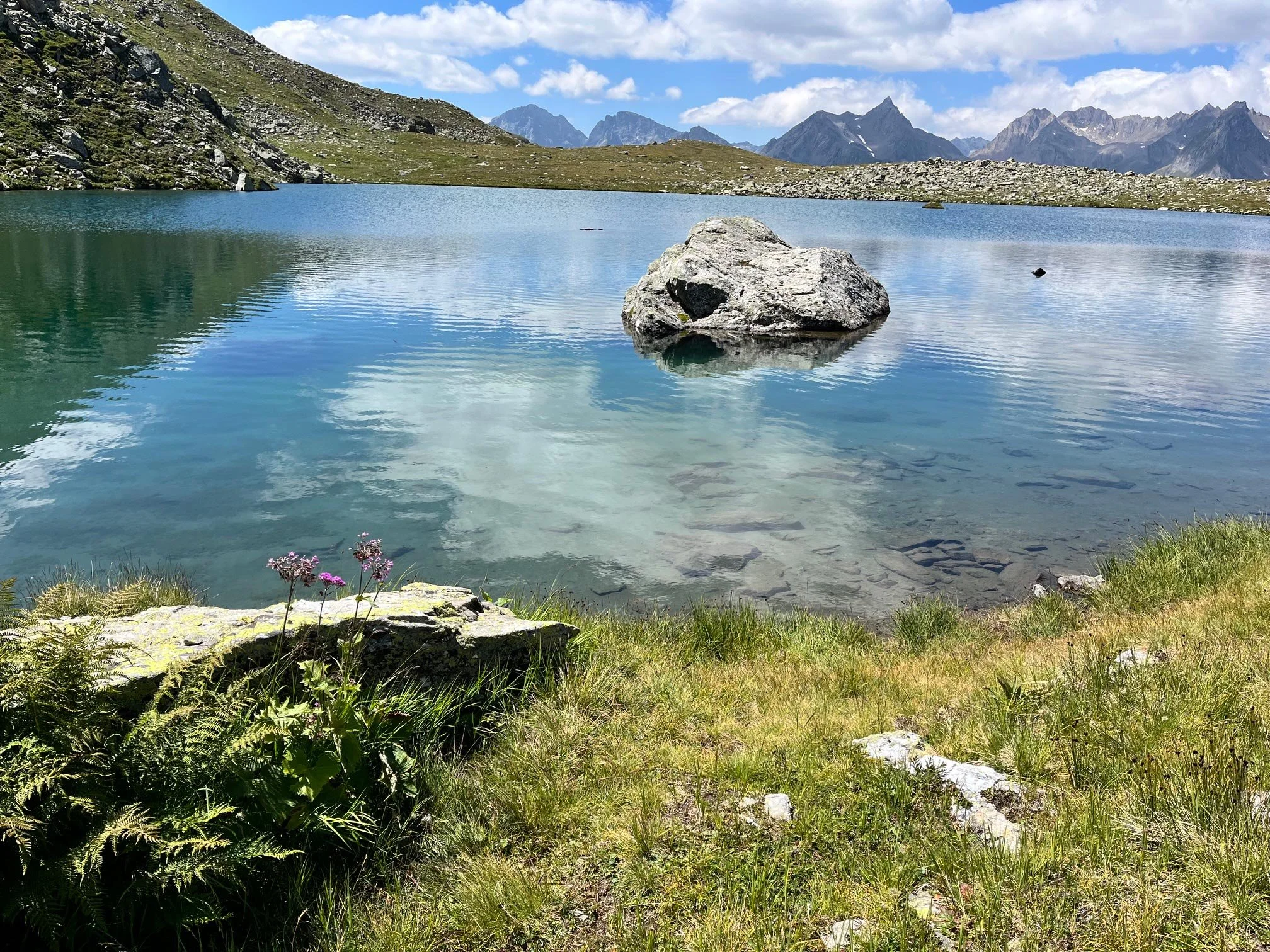 Ein klares Bergsee mit einem großen Stein im Wasser, umgeben von grünen Wiesen und Bergen im Hintergrund bei sonnigem Himmel.