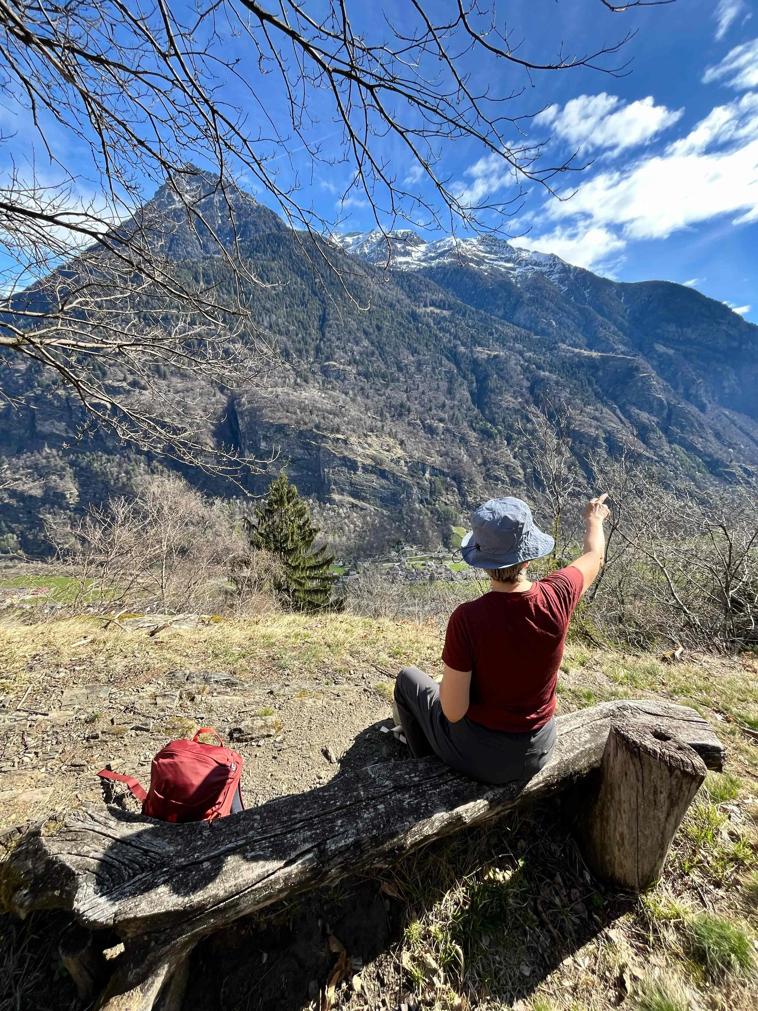 Eine Person sitzt auf einem Baumstamm im Freien und zeigt auf eine Berglandschaft mit schneebedeckten Gipfeln. Es ist ein sonniger Tag mit blauen Himmel und wenigen Wolken.