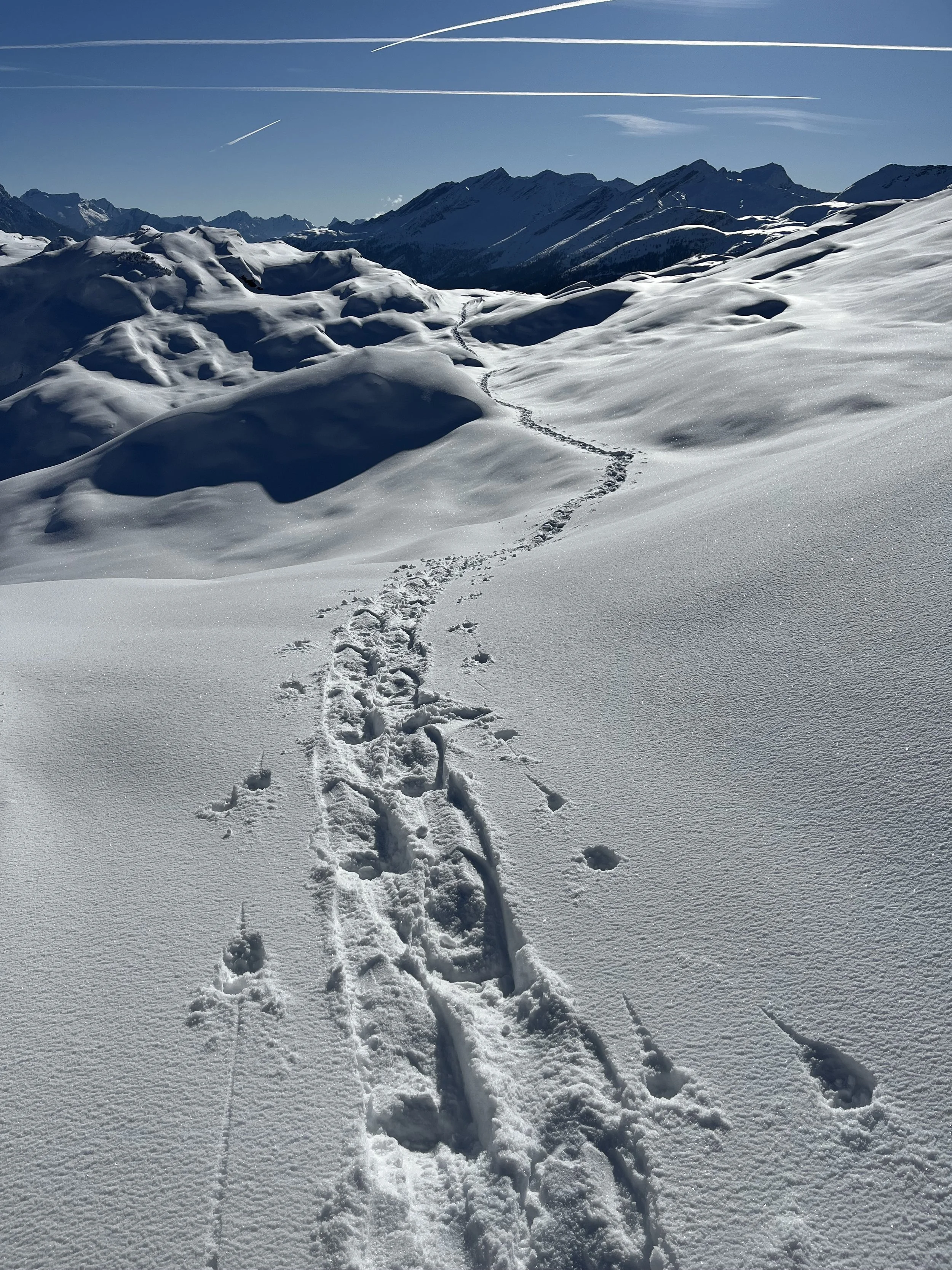 Schneebedeckter Bergpanorama mit Fußspuren im Schnee, Bergkette im Hintergrund, blauer Himmel mit einigen Wolken und Dampf- oder Kondensstreifen am Himmel.