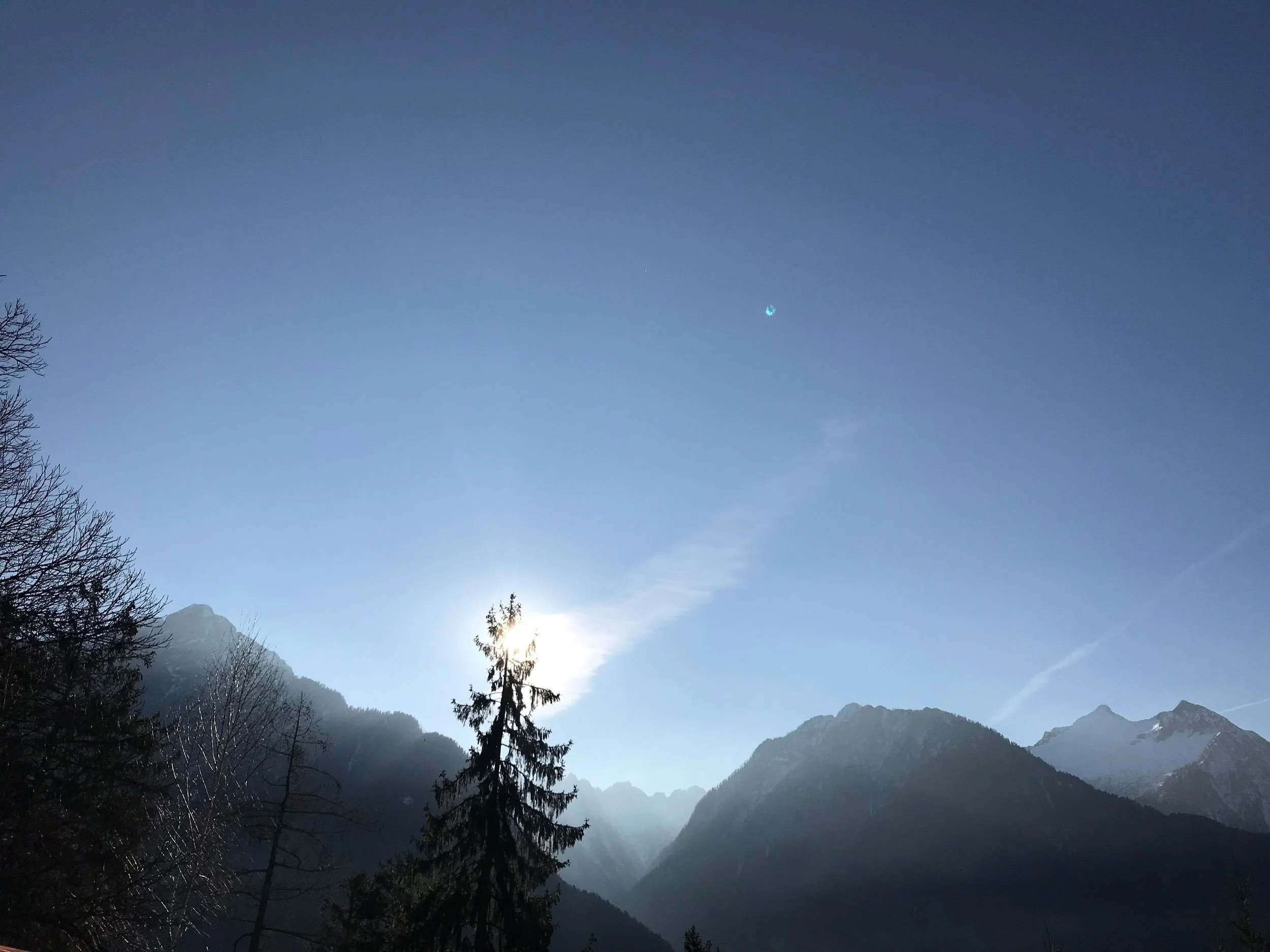 Berglandschaft mit Bäumen im Vordergrund, Berge im Hintergrund, klarer Himmel mit einem kleinen blauen Fleck, wahrscheinlich ein Flugzeug oder Satellit.