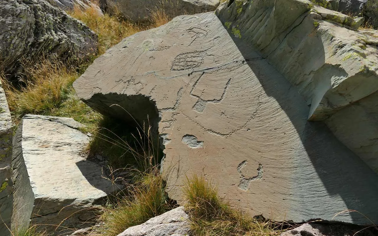 Großes, flaches Felsenstück im Mercantourgebiet mit eingeritzten Linien und Symbolen, umgeben von kleineren Steinen und trockenem Gras in einer bergigen Landschaft.