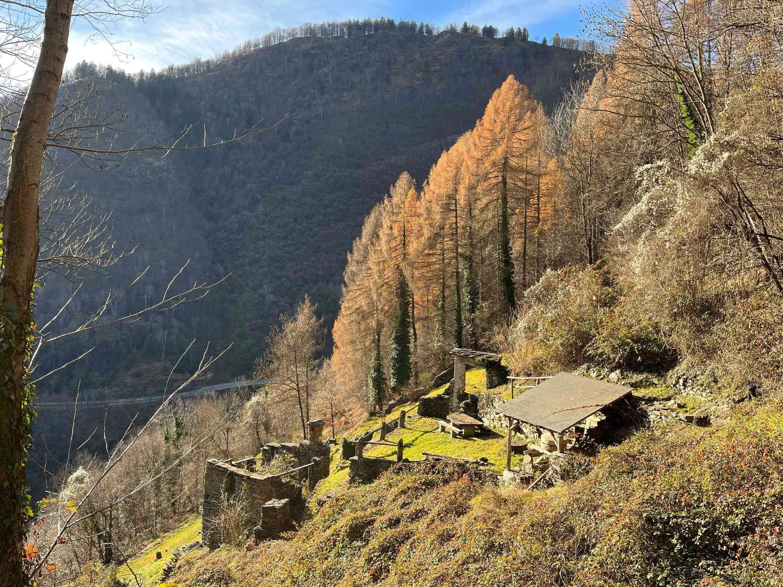 Ein Landsit mit Hütten, umgeben von Bäumen im Herbst, vor einem hohen bewaldeten Berg im Sonnenschein.
