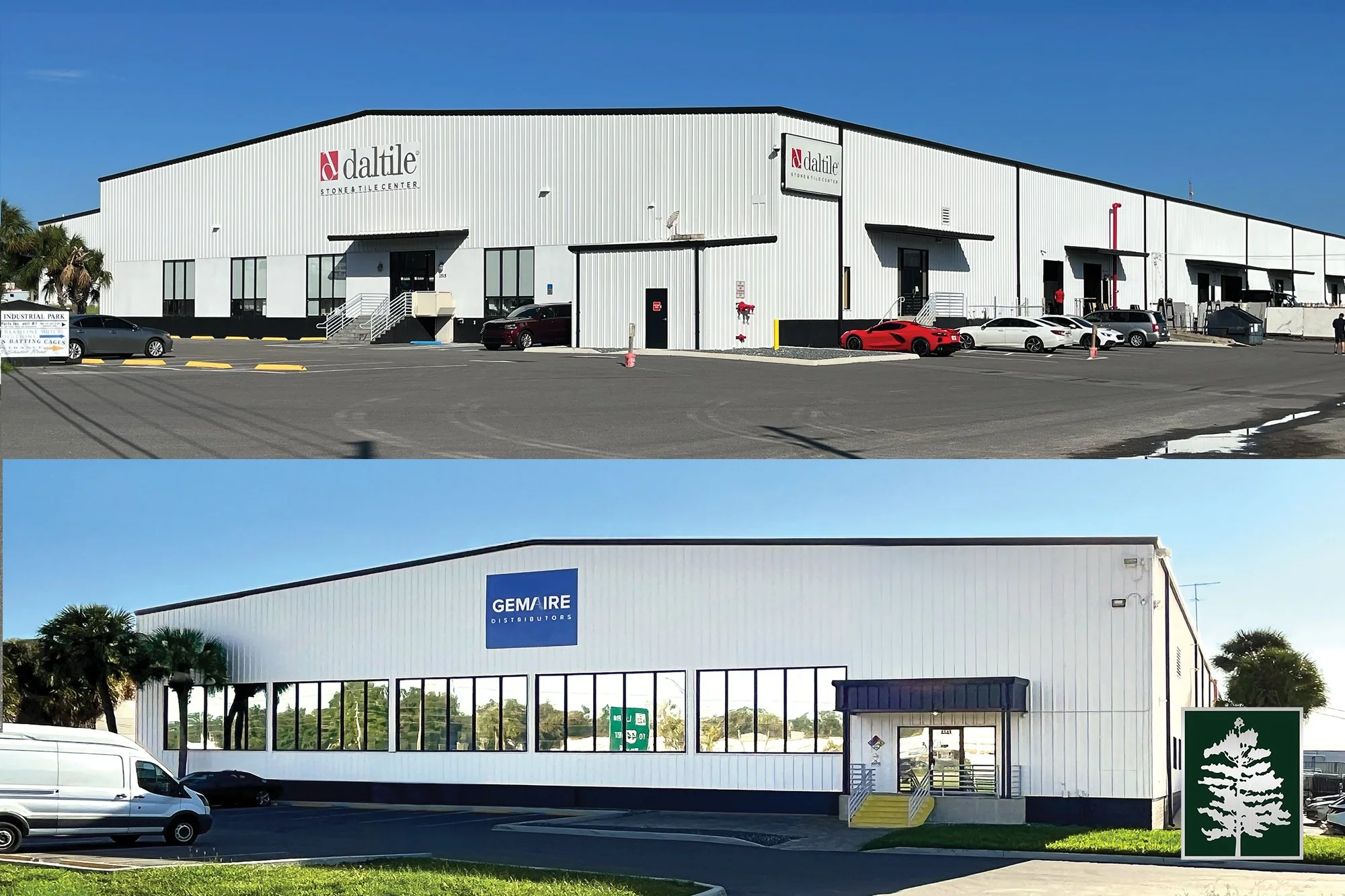 Two large industrial warehouse buildings, one with a 'Daltile' sign and the other with a 'Gemaire Distributors' sign, situated in a commercial area with parked cars and clear skies.