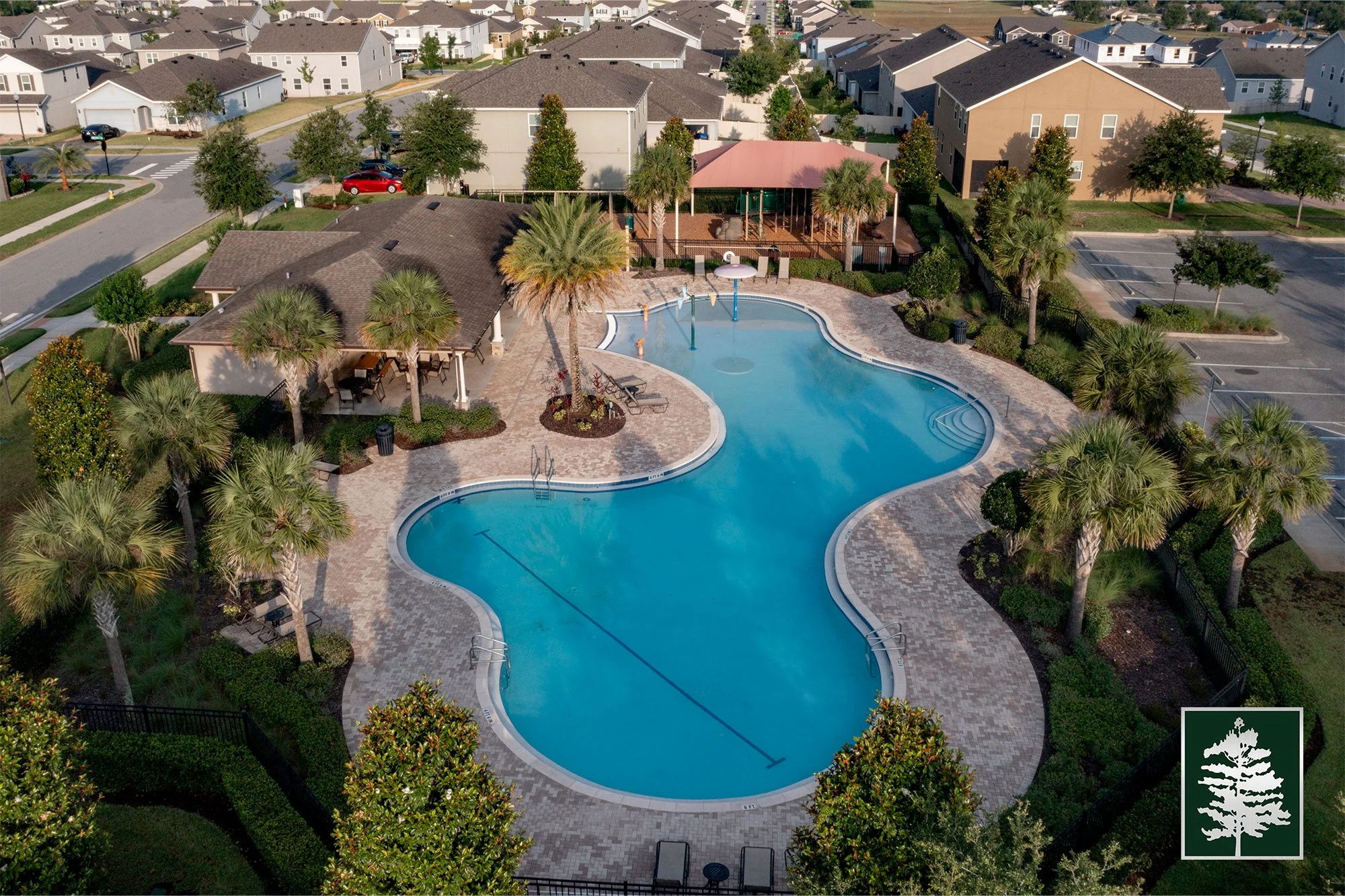 Aerial view of a community swimming pool surrounded by lounge chairs, palm trees, and landscaping, with neighboring houses and parking spaces in the background.
