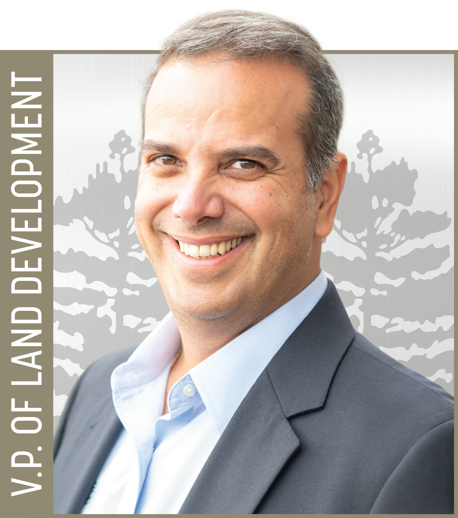 A smiling Andres Arvelo in a blue suit jacket and light blue shirt, "Vice-President of Land Development" text appears in bar along side of photo.
