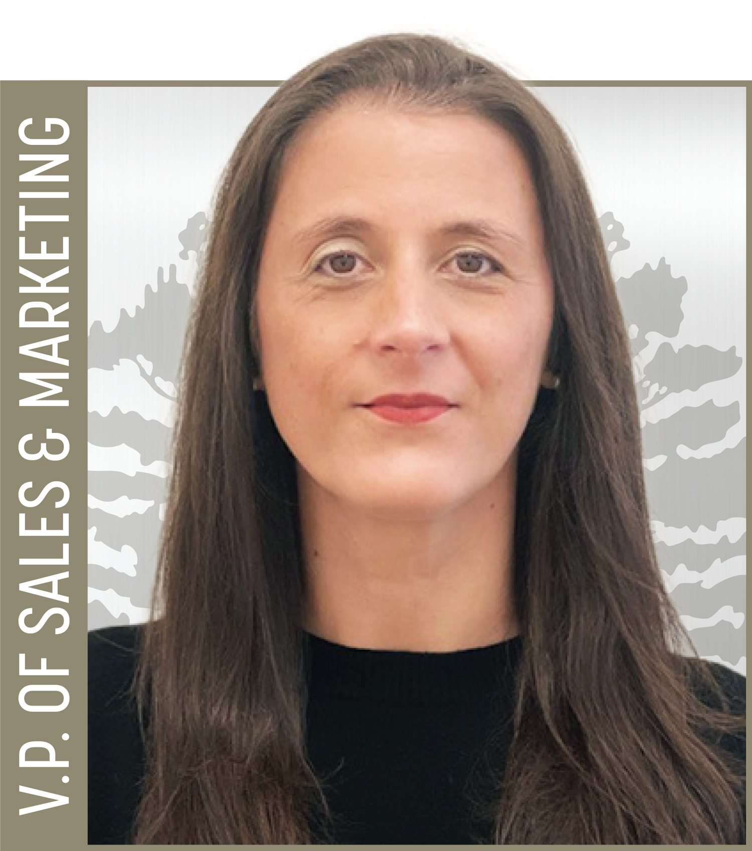 Nichola Mitchell wearing a black top, posing in front of a background with a world map and gray floral patterns, with a beige border on the left side that has white text reading 'V.P. OF SALES & MARKETING'.