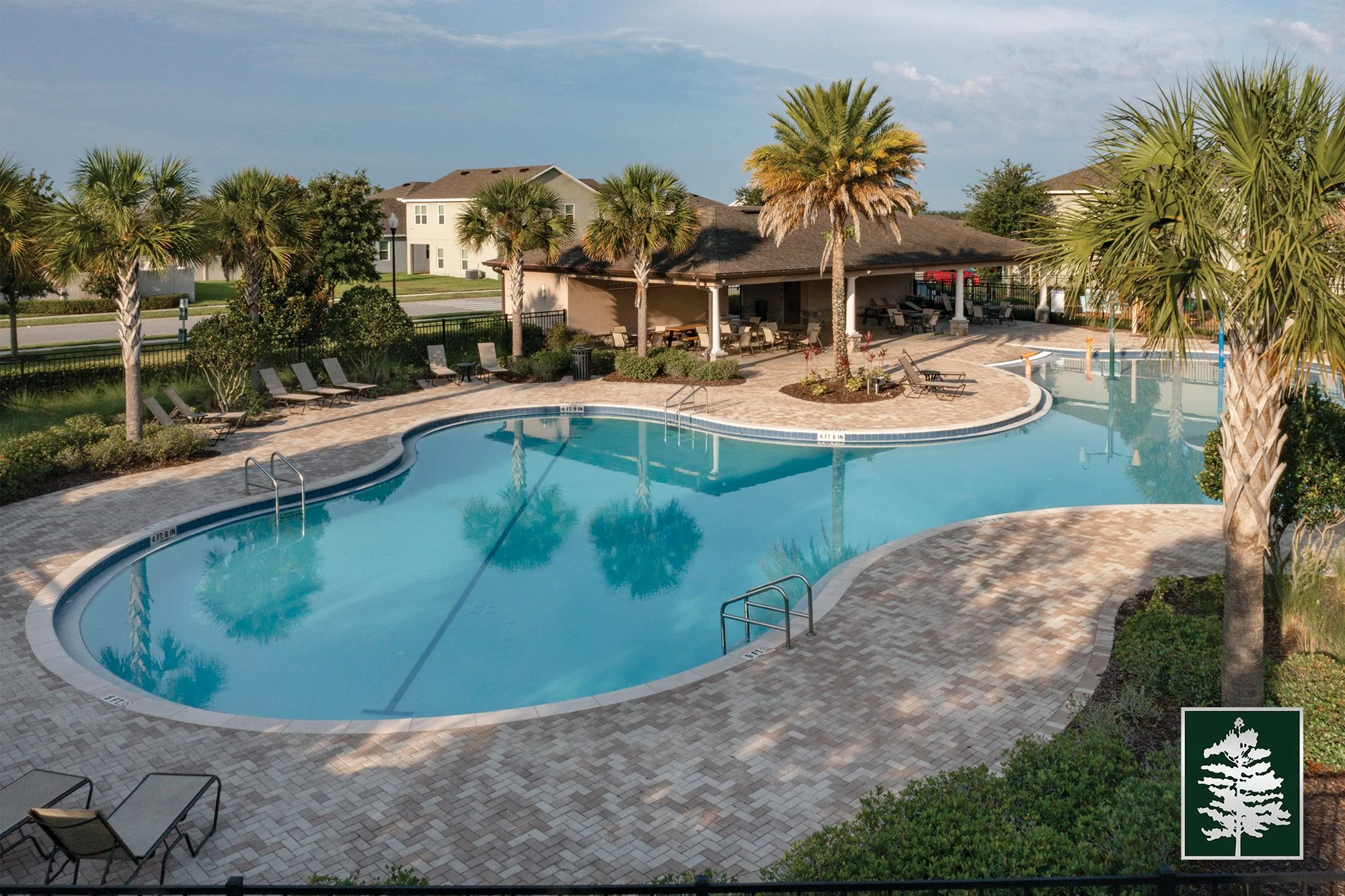 A serene outdoor swimming pool area surrounded by palm trees and lounge chairs, with a shaded pavilion in the background, under a clear sky.